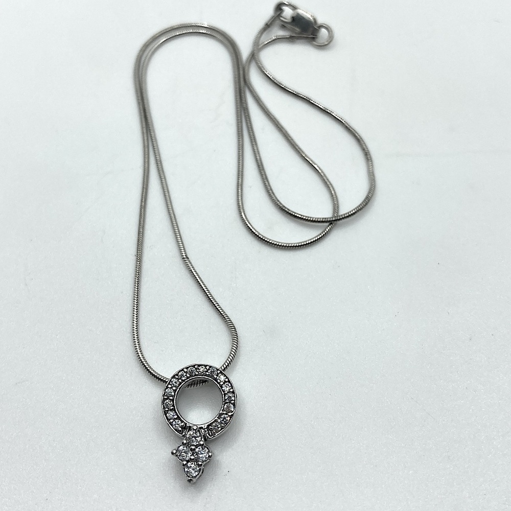 STERLING Silver & Cz Circle Pendant w 925 Italy Snake Chain 16” + .6”